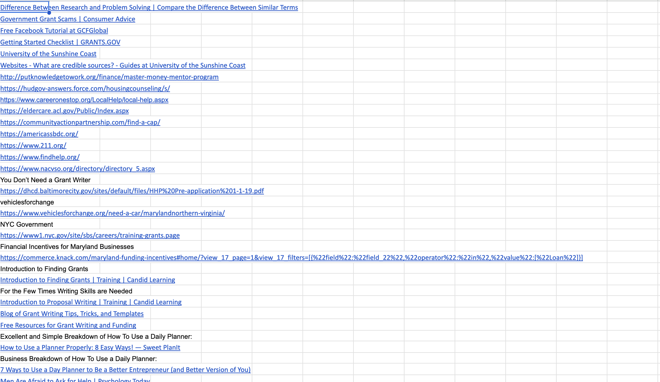 Screenshot of Birthmom Buddies resources spreadsheet.